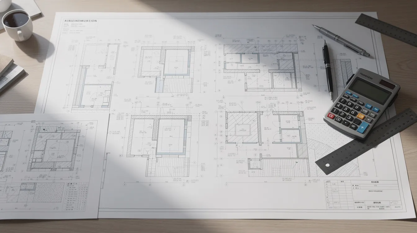 The image shows a collection of engineering blueprints and structural drawings laid out on a desk, accompanied by a calculator, indicating planning for modifications such as structural upgrades and floor loading assessments for buildings. These documents likely detail essential components for safely supporting heavy loads and optimizing the workspace for efficient equipment movement, including cranes and hoists.