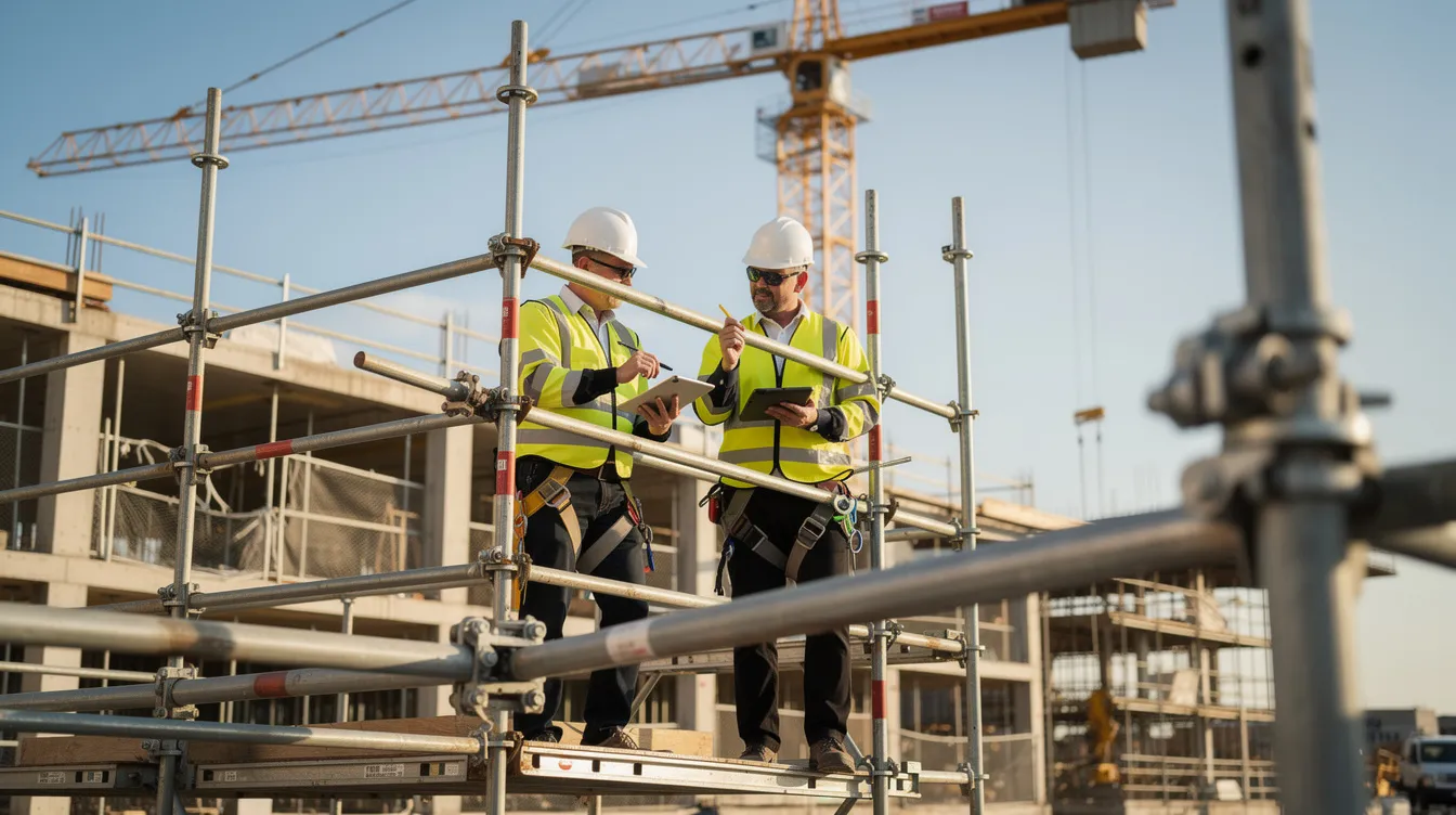 The image depicts engineers conducting a scaffolding inspection on a construction site, carefully reviewing the structural connections of temporary works. This essential process ensures compliance with safety standards and helps manage risks associated with temporary structures during the construction project.