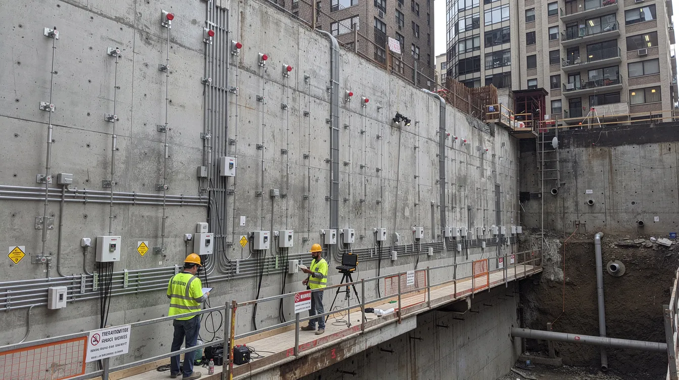 The image depicts instrumentation monitoring equipment installed on a retaining wall at a deep excavation site, surrounded by urban buildings, highlighting the importance of proactive risk management and safety measures in construction projects. This setup is crucial for ensuring compliance with safety regulations and protecting workers during the construction process.