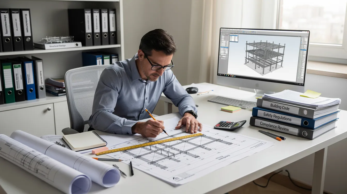 A professional engineer is seated at a desk, intently reviewing detailed structural plans alongside regulatory documents, ensuring compliance with the Building Control Act. The workspace is organized with various approved plans and construction authority papers, highlighting the critical phases of the project and the importance of professional integrity in Singapore's construction industry.