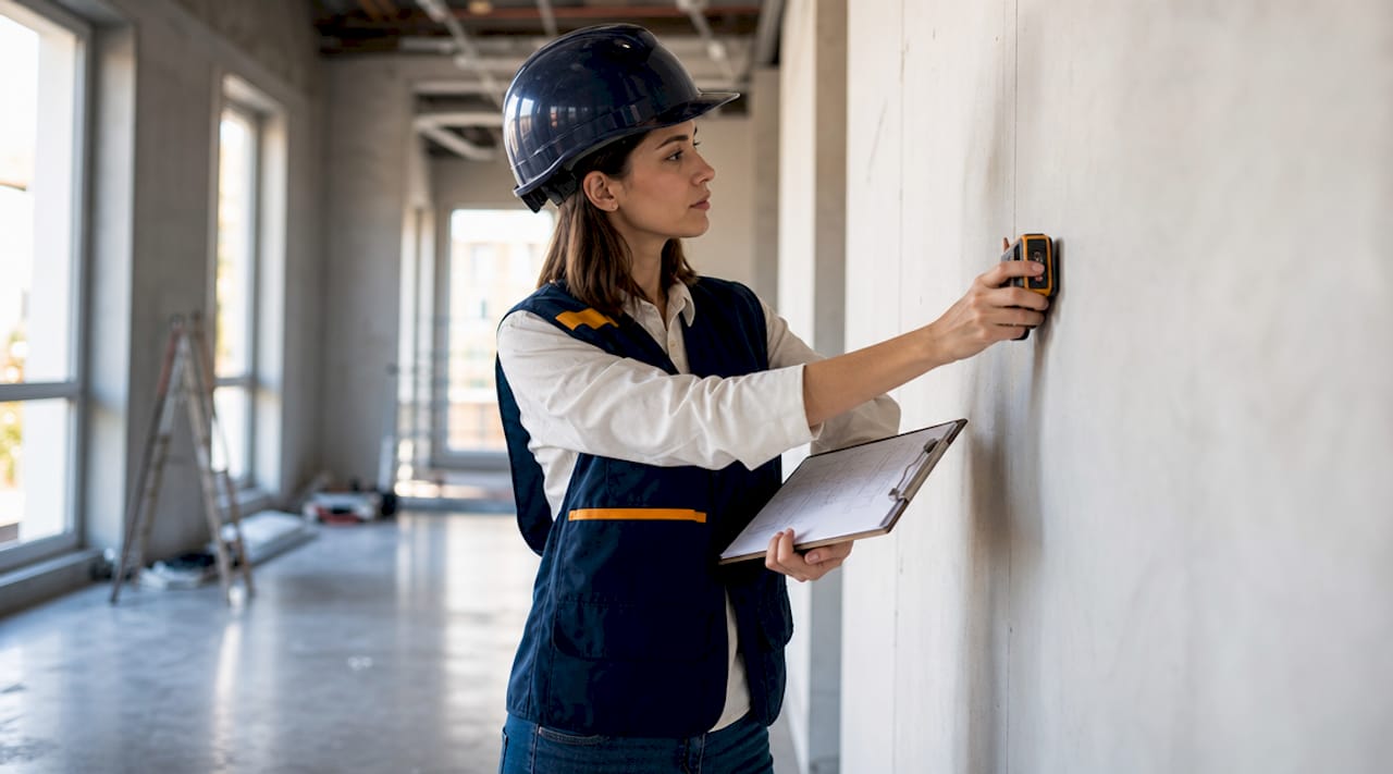 Engineer inspecting load-bearing wall at renovation site