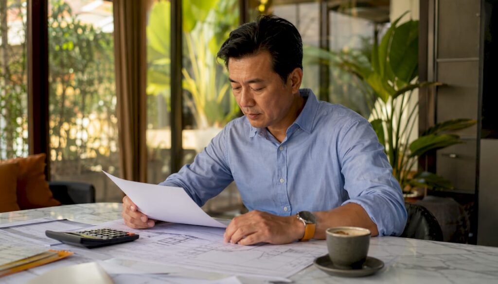 Property manager reviewing site coverage blueprints