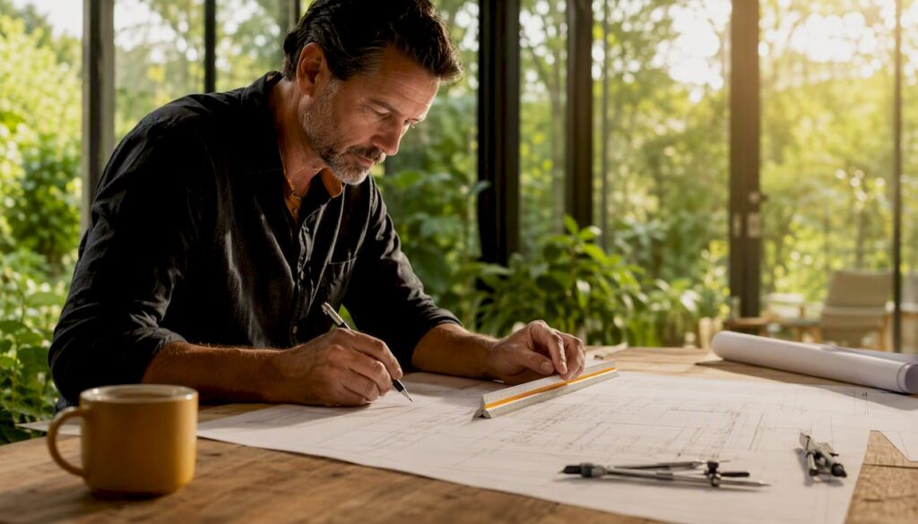 Engineer reviewing blueprints at drafting table