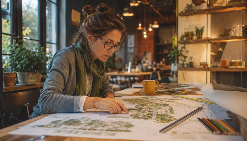 Landscape architect reviewing site plans indoors