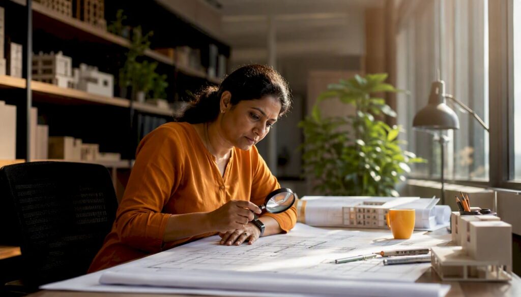 Submission specialist reviewing blueprints in office