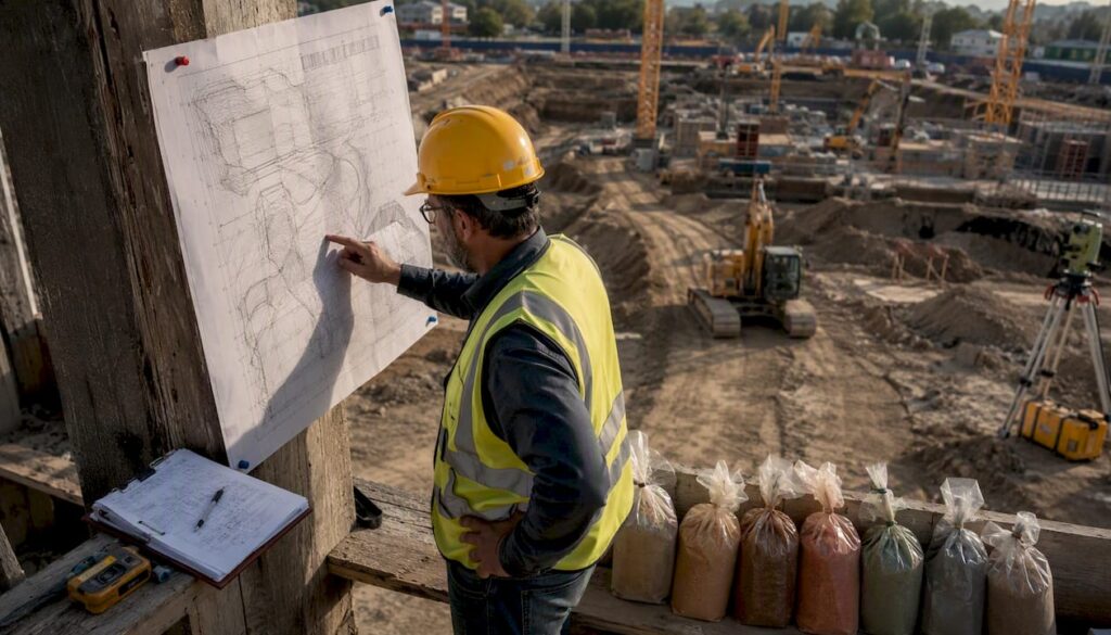 Engineer reviewing site plan at construction site