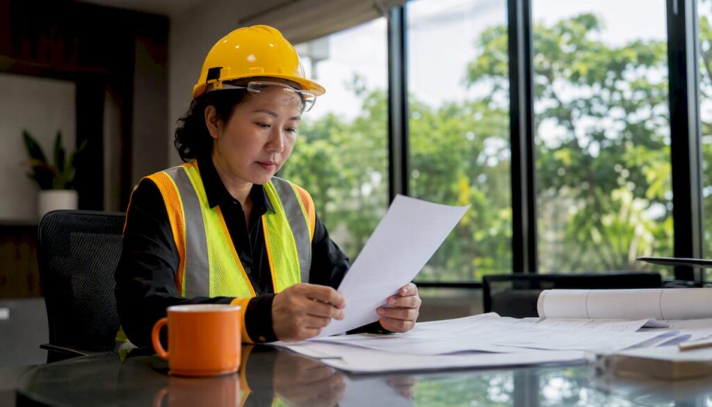 Safety manager reviewing construction compliance paperwork