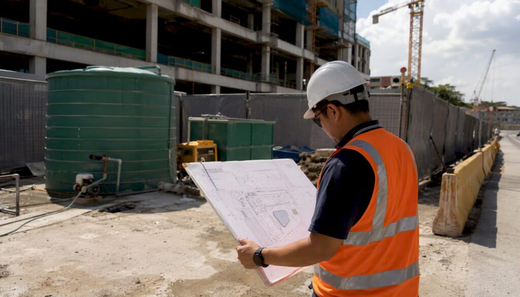 QP reviewing environmental site plans outdoors