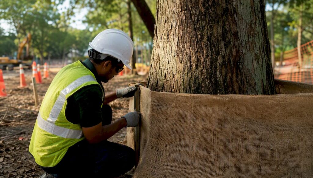 Person installing tree protection barriers on site