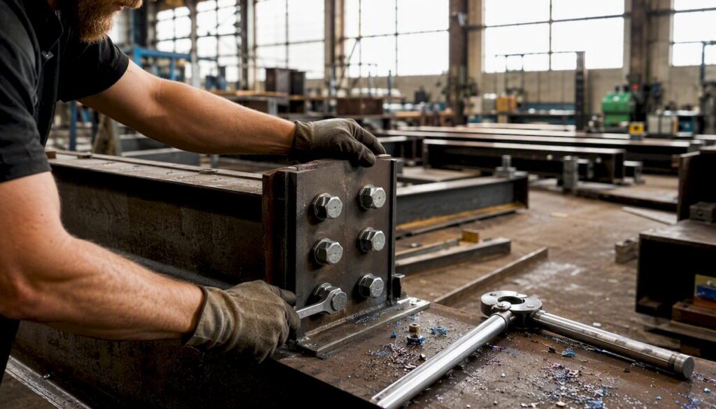 Hands tightening bolts on steel shear tab connection