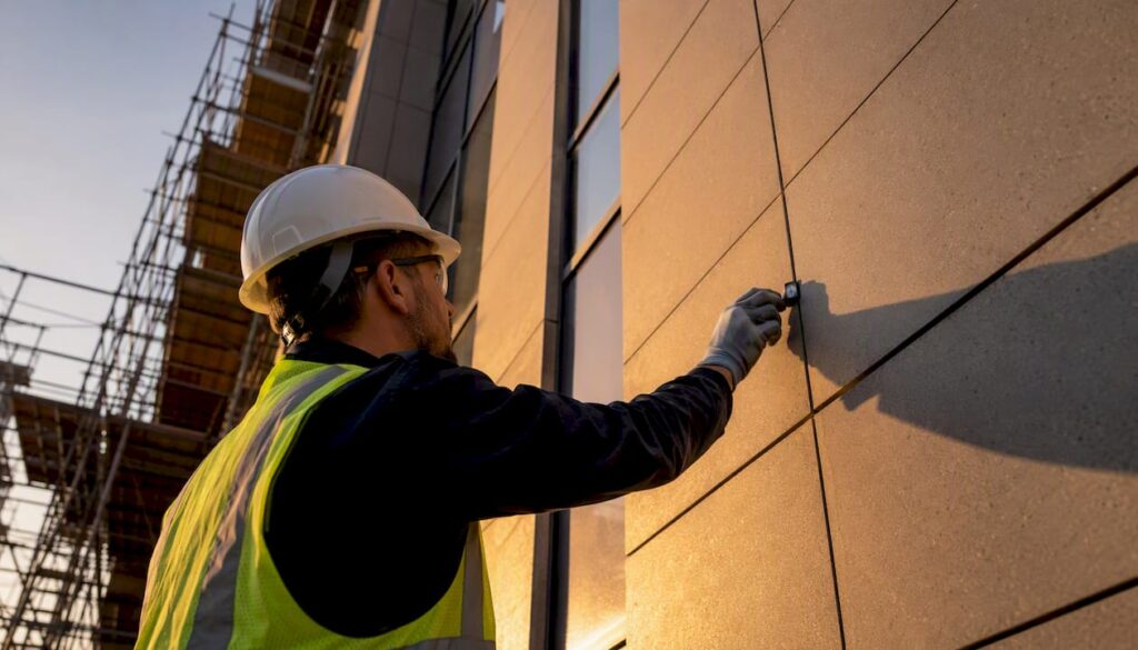 Facade inspector probing tall building exterior