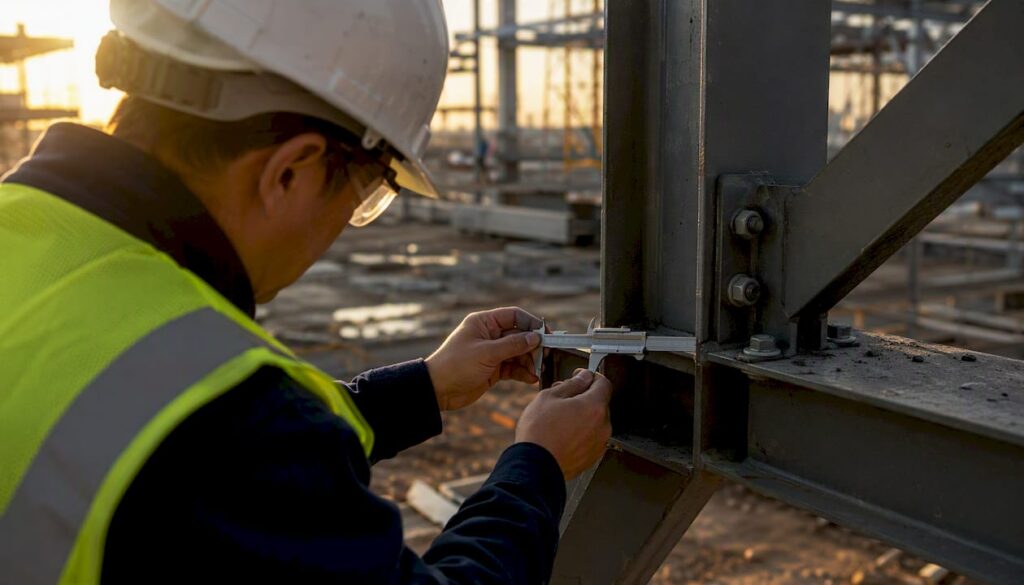 Supervisor inspecting steel joint on construction site