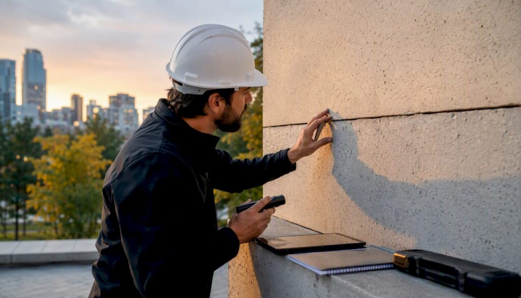 Facade inspector probing building exterior