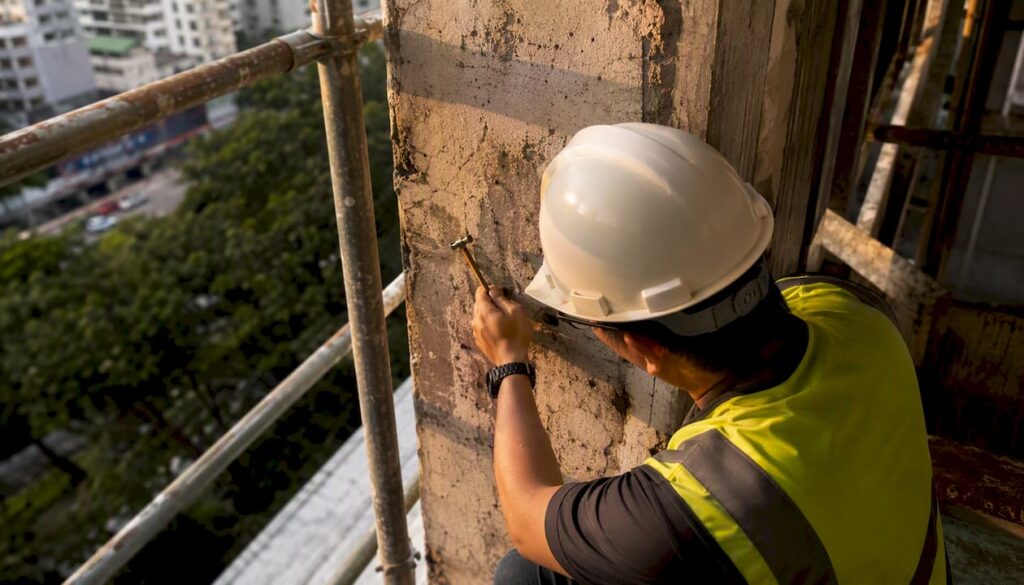 Engineer tapping building concrete column