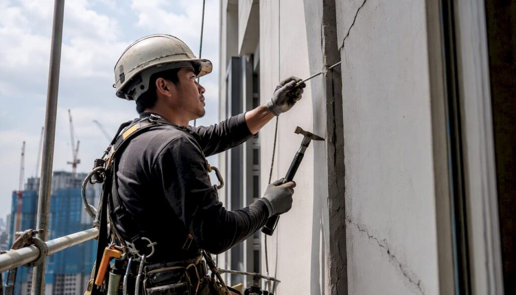 Inspector tapping building façade cracks
