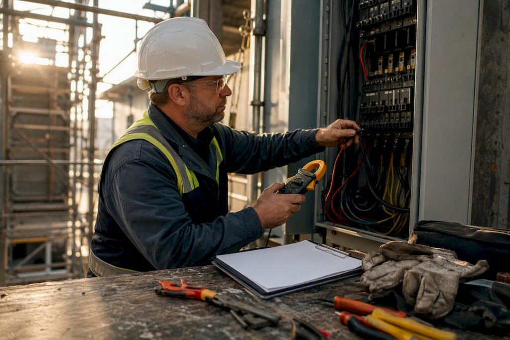 Electrician measuring electrical load onsite