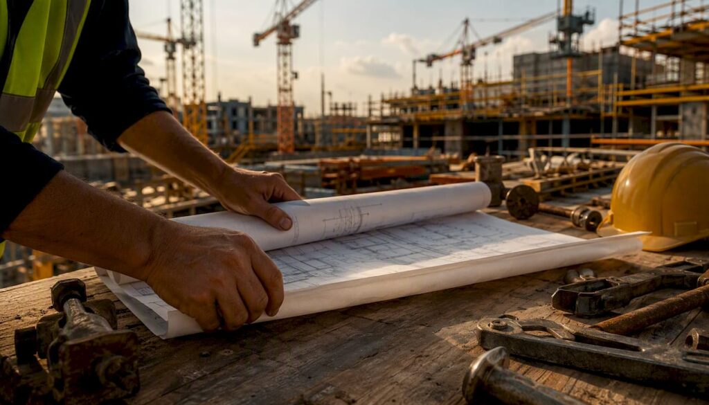 Project manager hands on architectural plans