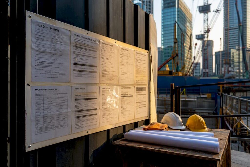 Construction site entrance with permit notices