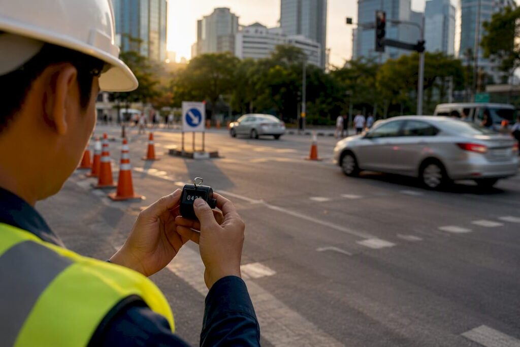 Traffic surveyor counting vehicles on Singapore street