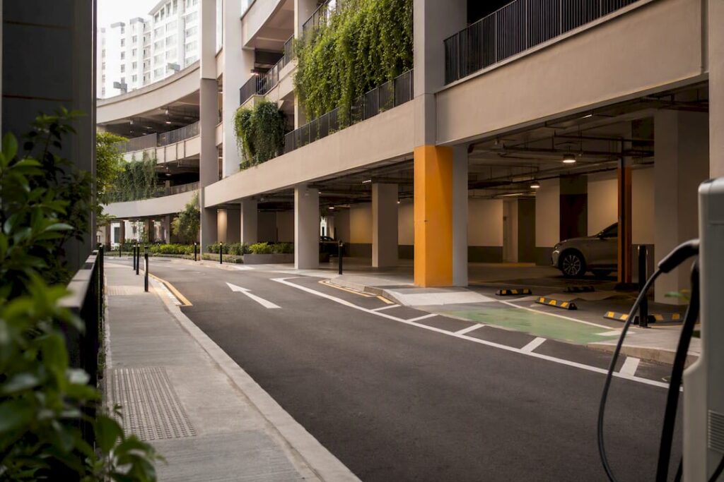 Modern Singapore multi-storey car park with pedestrian paths