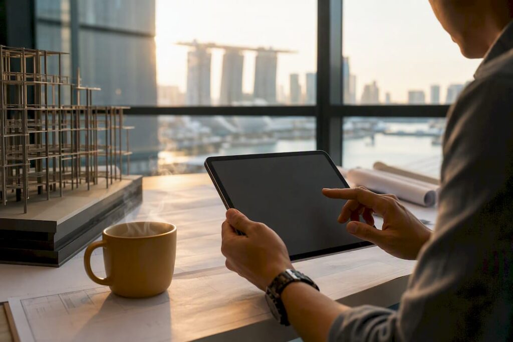 Hands browsing tablet at project scheduling desk