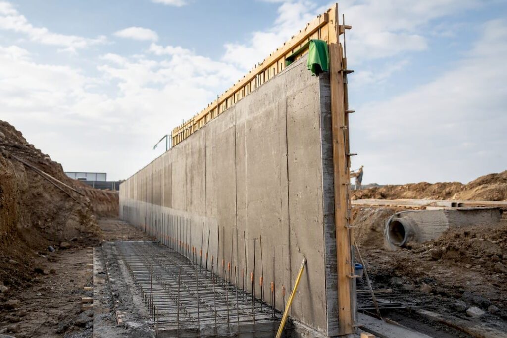 Mid-height retaining wall under construction