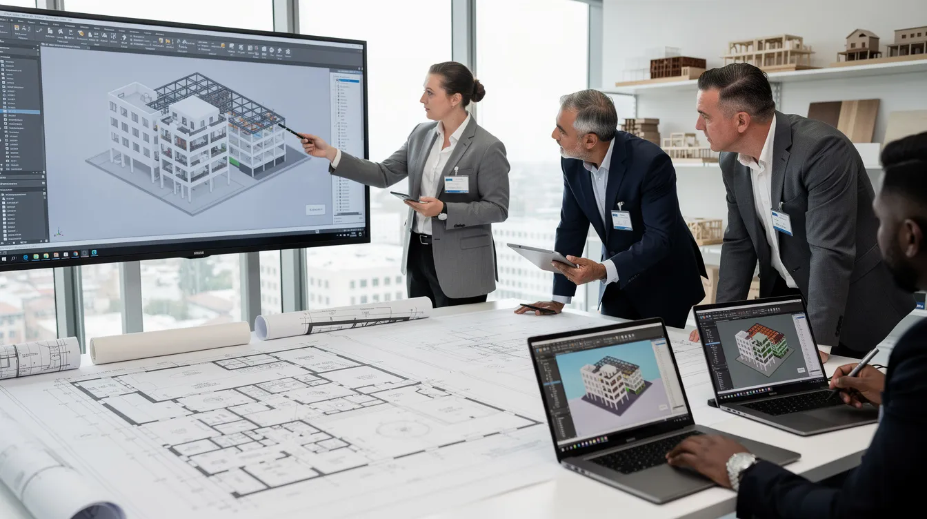 A professional team is gathered around a table, reviewing architectural drawings and digital models displayed on screens, discussing submission strategies and project budgets to ensure compliance with URA approval requirements. The atmosphere is focused, as they prepare documents and coordinate with other agencies to meet the approval timeline for the proposed development in Singapore.
