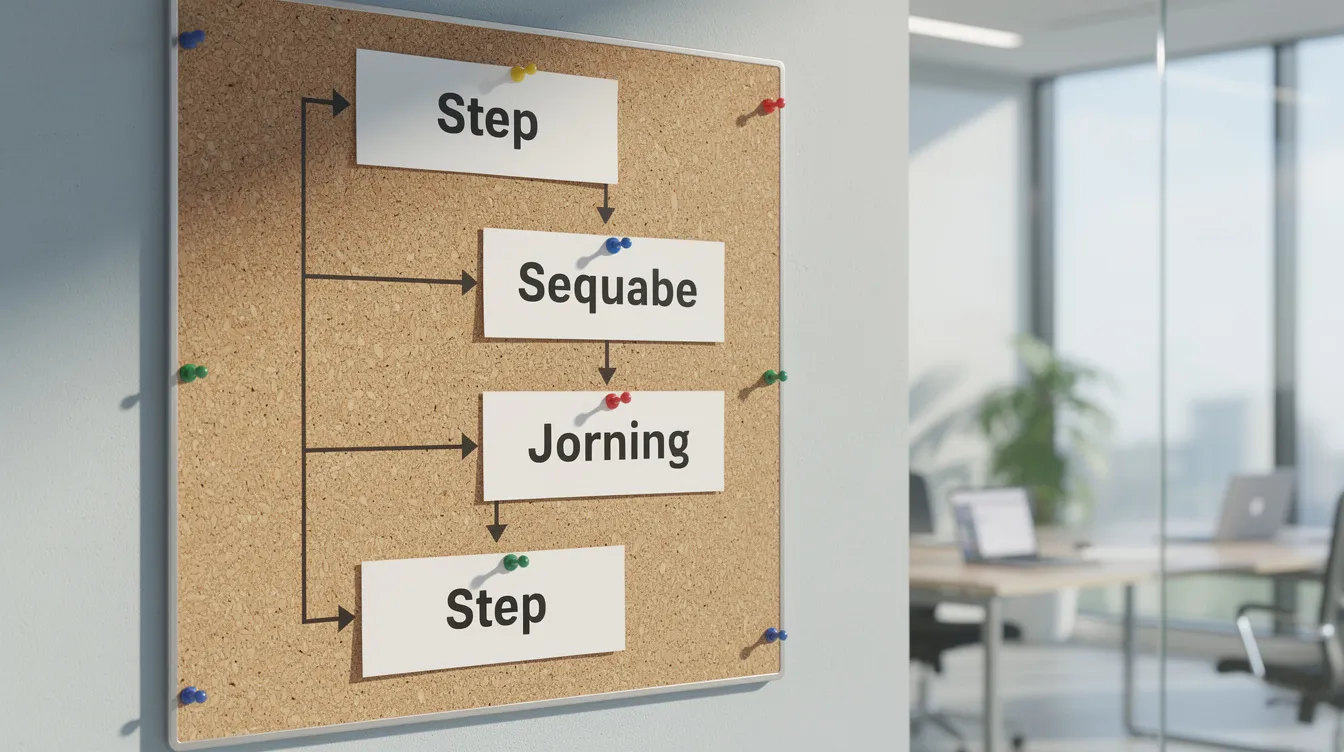 The image features a flowchart diagram pinned to a corkboard in a bright office, outlining seven sequential steps of an onboarding process for new hires. This visual guide emphasizes essential tasks and milestones, ensuring team members and stakeholders are aligned for successful project onboarding.