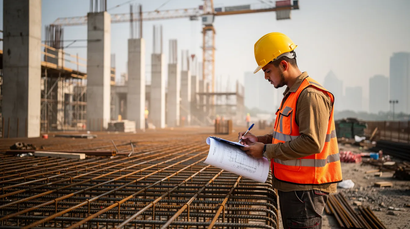 A construction professional wearing a hard hat is inspecting steel reinforcement bars at a building site in Singapore, ensuring compliance with site supervision requirements and construction quality standards. This inspection is critical for maintaining safety and adherence to the Building Control Act and relevant statutory requirements.