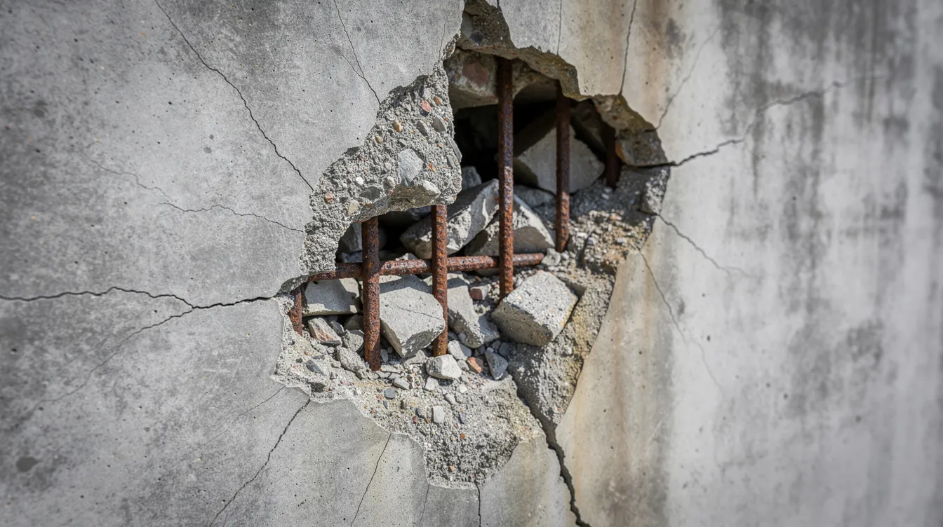 The image depicts a close-up view of a building's exterior wall, highlighting significant concrete spalling and exposed reinforcement bars, indicating potential façade deterioration. This visual inspection is crucial for building owners and façade inspectors to assess structural integrity and ensure compliance with safety measures outlined in the building control act.