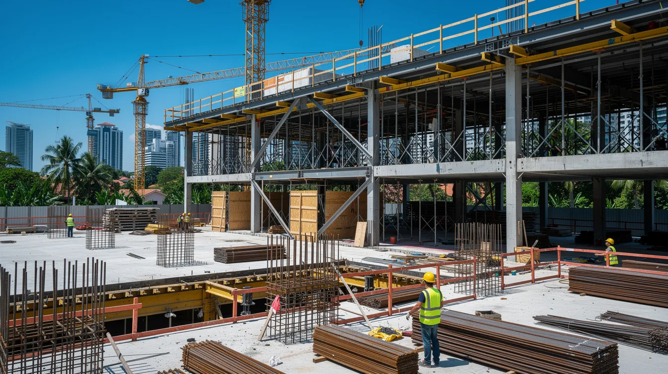 The image depicts a modern construction site in Singapore featuring steel structural beams and concrete formwork, all under a clear blue sky. This scene highlights the importance of workplace safety and adherence to the building control act within Singapore's construction industry, where compliance with safety regulations and risk management is crucial for successful project execution.