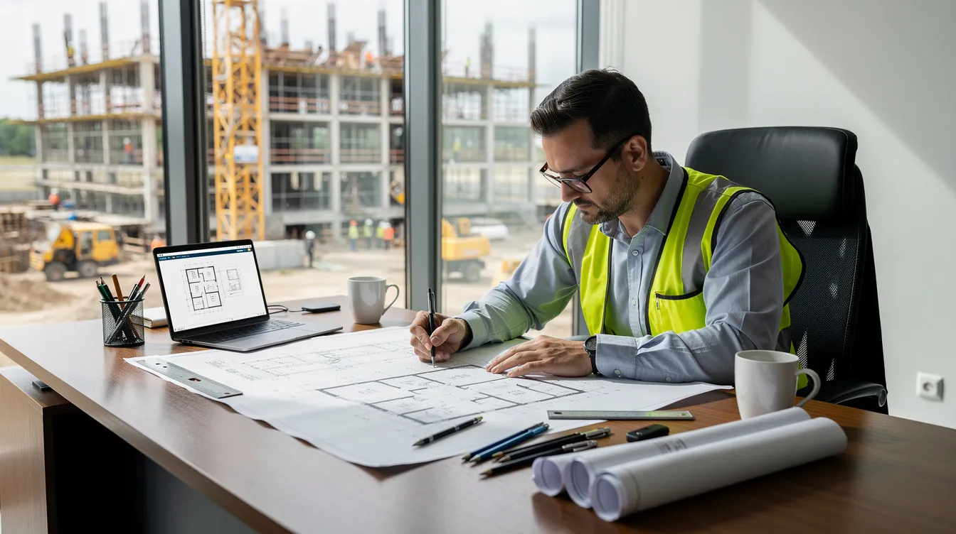 An engineer is seated at a desk, carefully reviewing architectural blueprints while construction activities are visible through the office windows, highlighting the importance of site supervision and compliance with the Building Control Act in Singapore. The scene emphasizes the critical role of professional engineers in ensuring construction quality and safety on-site.