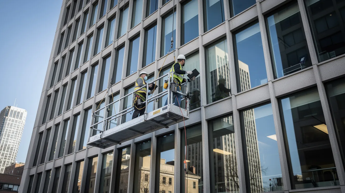 Workers are on a suspended platform performing a close-range façade inspection on the exterior of a high-rise building, ensuring compliance with the building control act and assessing for any visible defects that could affect structural integrity. This periodic façade inspection is crucial for maintaining public safety and involves a thorough assessment by a competent person.