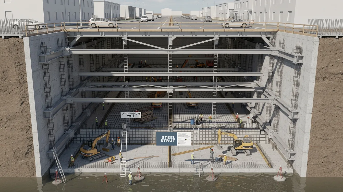 The image depicts an underground tunnel construction site featuring diaphragm walls and internal steel struts, set in clay soil. This scene highlights the complexities involved in civil and structural engineering, showcasing the dedication of qualified engineers like Aman Aboobucker, who resolve challenges in Singapore's public infrastructure projects.