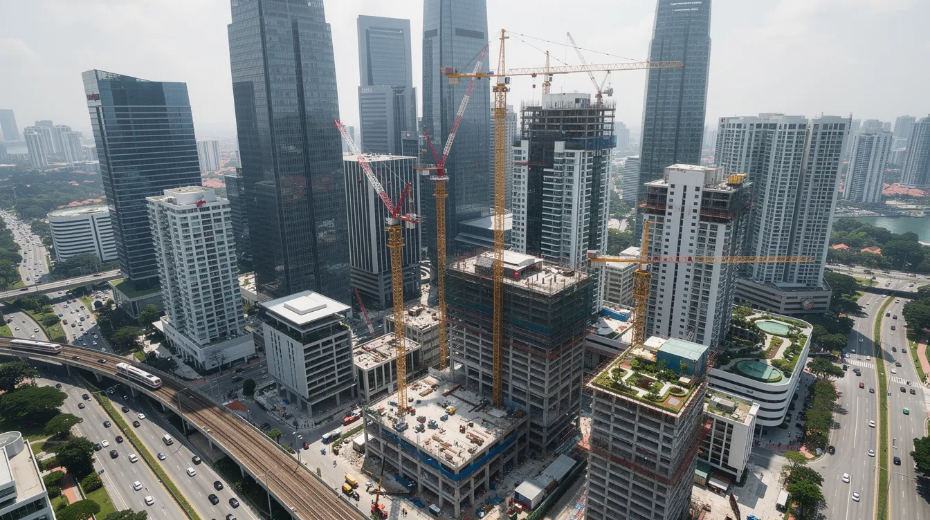 An aerial view of Singapore showcases the bustling urban development, featuring numerous construction cranes alongside modern buildings. This dynamic landscape reflects the ongoing efforts in project budgets and submission strategies, highlighting the coordination between the Singapore Civil Defence Force and other agencies to ensure safe and secure spaces for the community.