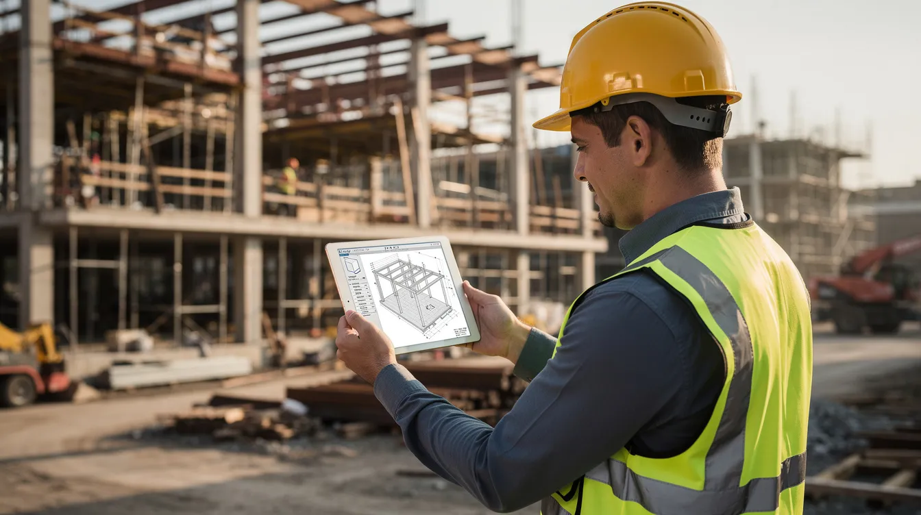 An engineer wearing a safety helmet is intently reviewing digital construction plans on a tablet at a busy construction site, surrounded by structural works and equipment. This scene highlights the importance of construction supervision and the role of qualified site supervisors in ensuring safety and efficiency on the job.