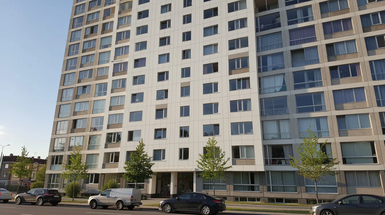The image depicts a residential high-rise building with freshly restored exterior wall panels, showcasing the successful completion of facade repairs. This restoration highlights the importance of periodic facade inspections to ensure structural integrity and compliance with building safety regulations.