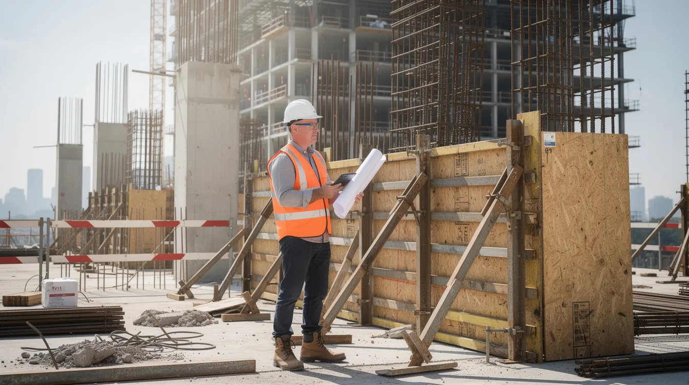 A professional engineer is inspecting reinforced concrete formwork at a high-rise construction site, ensuring compliance with safety regulations and building control guidelines. This inspection is crucial for risk management in Singapore's construction industry, as it helps prevent safety violations and ensures adherence to approved plans and the professional engineers act.