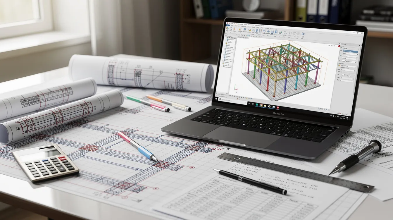 The image depicts a work table covered with structural engineering drawings and calculations, alongside a laptop displaying 3D building models, illustrating the essential tools and documentation used during the engineering design process for successful project onboarding. This setup highlights the collaborative efforts of team members in preparing for the next project while ensuring all stakeholders are on the same page.