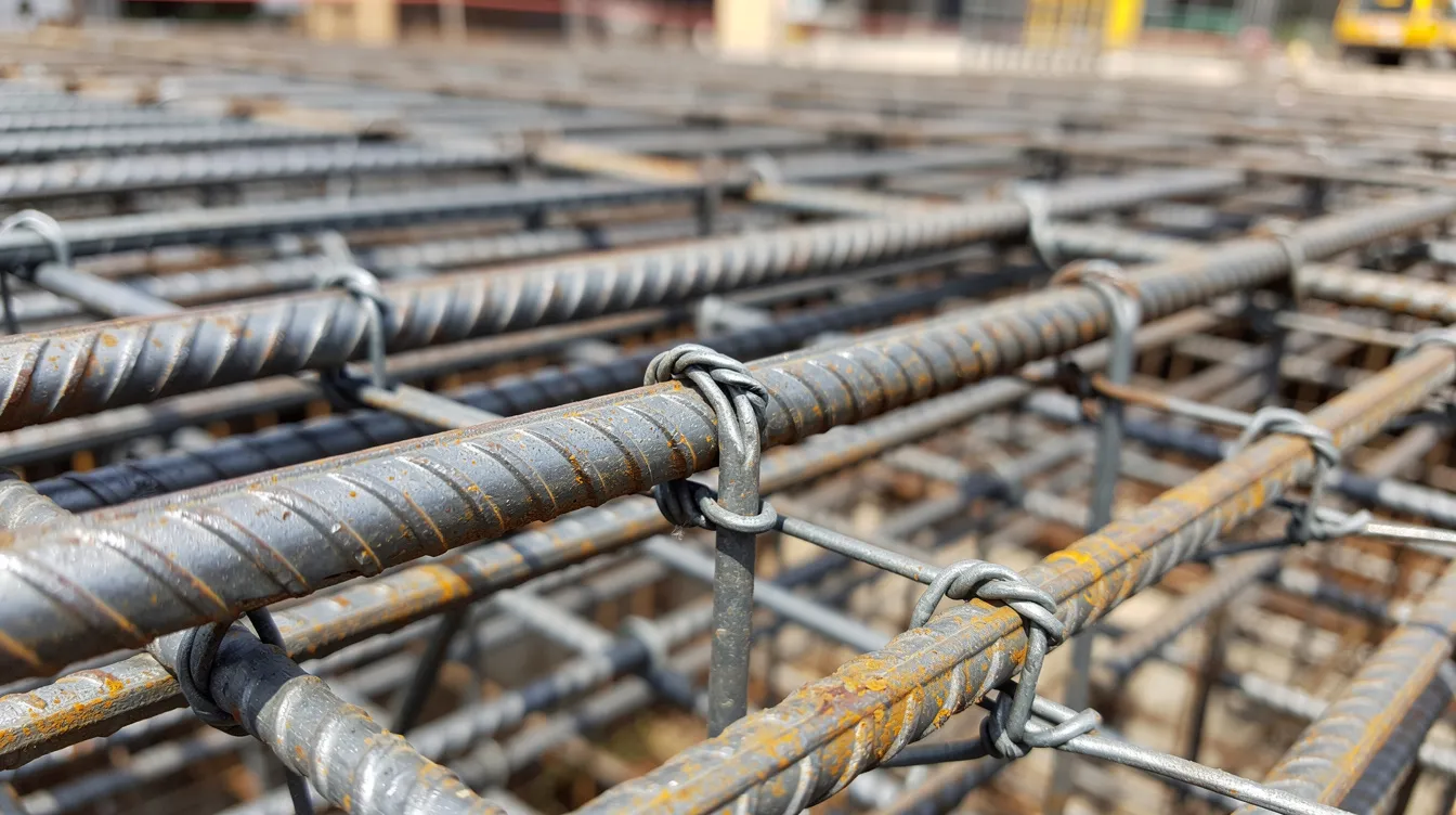 The image shows a close-up view of structural reinforcement bars meticulously tied together at a construction site, emphasizing the importance of safety measures and adherence to building regulations in Singapore's construction industry. This preparation is crucial for ensuring compliance with the Building Control Act and minimizing risks associated with construction projects.