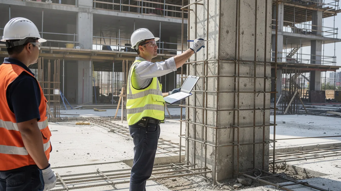 An engineer conducts a safety inspection on a construction site, reviewing the structural reinforcement to ensure compliance with detailed structural plans and building control regulations. This inspection is crucial for maintaining the structural integrity of the building and involves verifying key structural elements as part of the approved plans.