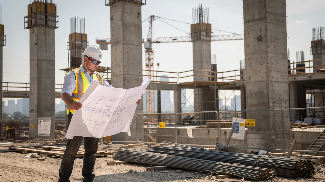 An engineer is intently reviewing structural blueprints at a construction site, surrounded by exposed concrete columns that highlight the ongoing construction process. This scene emphasizes the importance of workplace safety and compliance with Singapore's construction industry regulations, including the Building Control Act and development control guidelines, to ensure the project's integrity and adherence to approved plans.