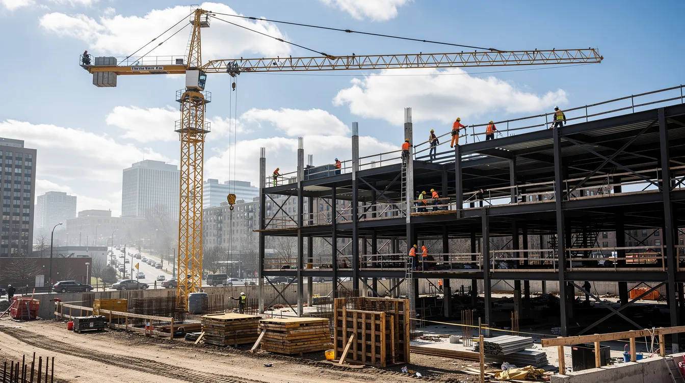 The image depicts a bustling urban construction site in Singapore, featuring a towering construction crane and a complex structural framework being assembled by dedicated engineers and workers. This scene highlights the collaborative efforts in civil and structural engineering, essential for public infrastructure projects and commercial developments.