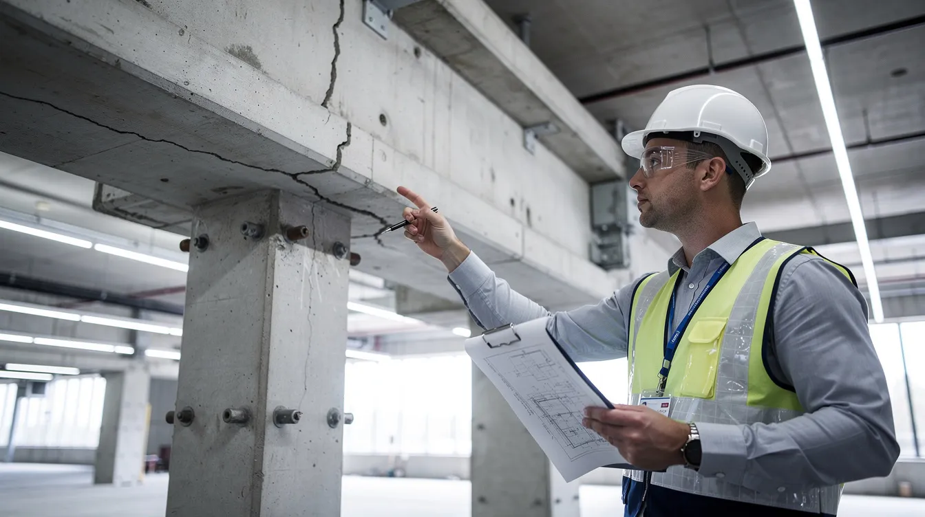 A structural engineer is closely inspecting concrete beams within a building interior, focusing on the structural integrity of the elements. This periodic structural inspection is crucial for ensuring the safety and compliance of residential and non-residential buildings under the Building Control Act.
