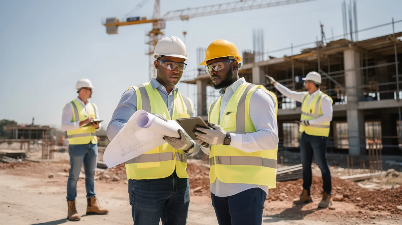 A group of professional engineers wearing hard hats and safety equipment is conducting a site inspection, ensuring compliance with building control regulations and assessing the structural integrity of the ongoing construction project. They are focused on identifying safety hazards and maintaining professional accountability as part of the site supervision plan.