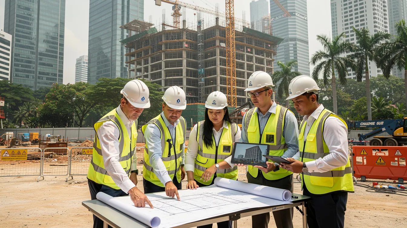 The image depicts a construction site in Singapore where engineers are gathered, reviewing detailed structural plans for a building project. The scene highlights the importance of construction supervision and the expertise of qualified site supervisors and resident engineers in ensuring safety and compliance throughout the project.