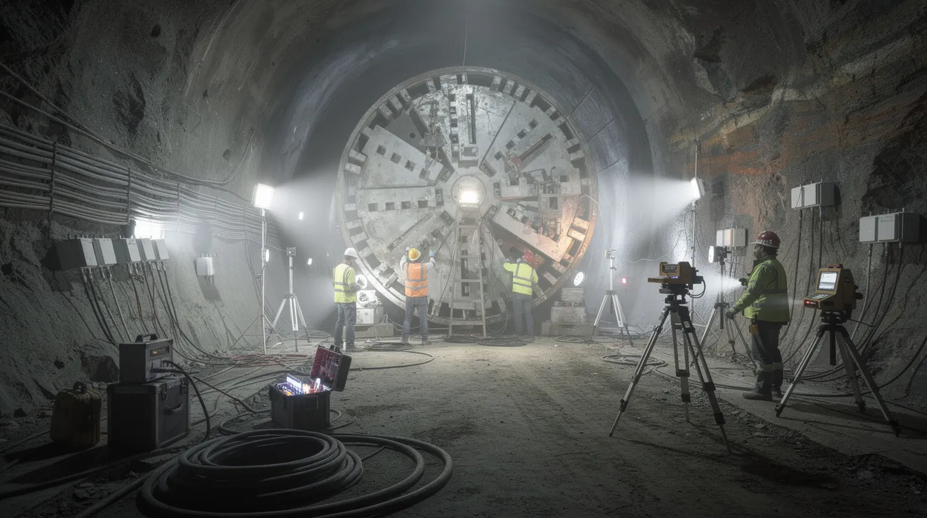 A group of construction workers is seen installing monitoring instruments near a large underground tunnel boring machine, emphasizing the collaboration of design and construction teams in managing infrastructure projects. The scene highlights the importance of safety standards and compliance with regulations as part of the civil engineering process in Singapore.