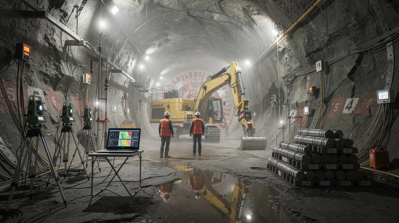The image depicts an underground tunnel construction site bustling with heavy machinery and geological monitoring equipment, highlighting the collaborative efforts of construction teams and project managers in managing large infrastructure projects. Safety standards and compliance with regulations are emphasized as workers navigate the deep excavation area, ensuring the successful development of vital infrastructure under the supervision of the Land Transport Authority.