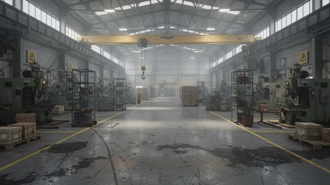 The image depicts the interior of an industrial warehouse featuring heavy machinery, including a jib crane and overhead crane, set on a sturdy concrete floor designed to handle significant floor loading. The space is equipped for lifting heavy loads, with various components like wire rope hoists and rails facilitating efficient movement of equipment throughout the expansive workspace.