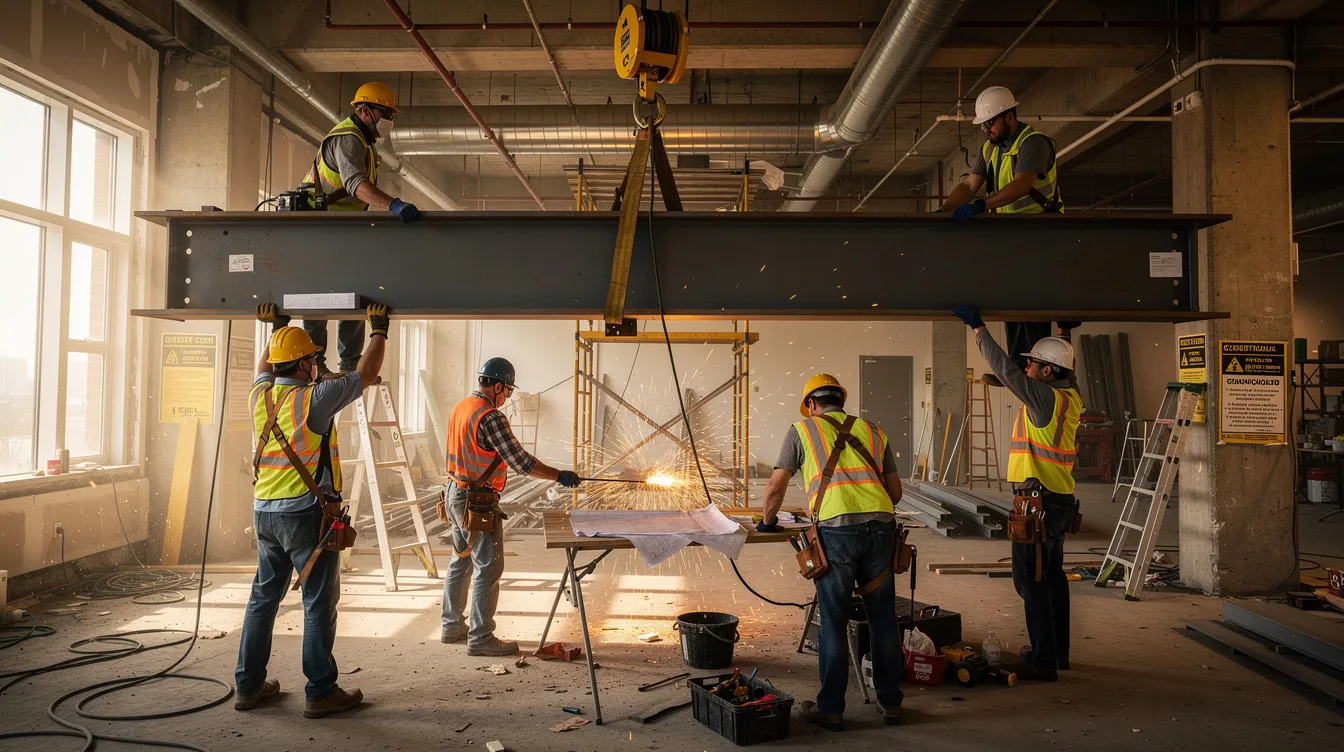 Construction workers are seen installing structural steel beams inside a commercial space undergoing renovation, ensuring the structural integrity of the existing structure while adhering to building control regulations. The project involves significant structural modifications, requiring the oversight of a qualified person and compliance with the building and construction authority's approved plans.